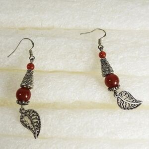 Indian Style Red and Silver Ball, Leaf Earrings EUC